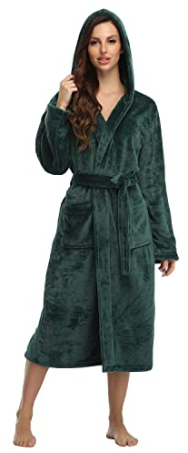 RONGTAI Damen Bademantel aus Plüsch mit Kapuze und Taschen, flauschige Nachtwäsche, Grün (Oil Green), Medium