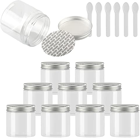 TIANZD 12 Pièces Vides Petit 200 ml Transparent Cosmétique Pot en Plastique avec Couvercle Argent 200 g Pots de Cosmétique Crème de Bouteille Contenant avec 6x Spatules