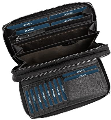 LEABAGS Leder Geldbörse Damen - Portemonnaie Gross mit RFID Schutz, Echtleder XXL Geldbeutel Damen Groß, 29 Kartenfächer Portmonee mit Münzfach, Doppelter Reißverschluss(Nappa Schwarz)