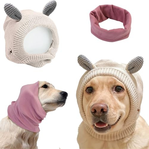 Quiet Ears for Dogs - Anxiety Barking Covers, Muffs, Snood for Noise Protection - 2PCS Hearing Earmuffs, Fireworks Anti-Anxiety Hat for Large Dogs (Pink & White)