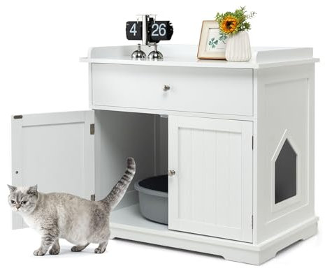 COSTWAY Meuble Litiere Chat XXL, Cache Litiere Chaton 3 en 1, 2 Portes avec Tiroir, Trous d’Aération Latéral, Meuble Cache Litiere en Bois, Maison de Toilette Chat, 76 x 53 x 73,5 cm(Blanc)
