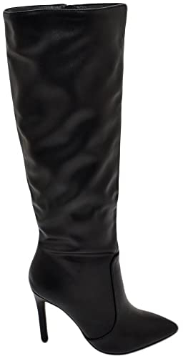 Malu Shoes Stivali alti donna al ginocchio in pelle nero a punta tacco a spillo 12 cm zip lunga aderente moda linea Basic (36 EU)