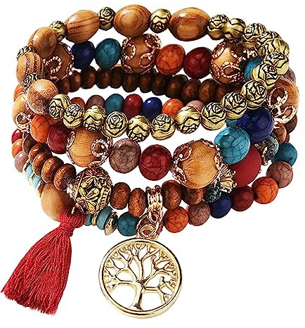 Feibety Boho Beaded Bracelet,4-Pack Multi-Layer Bohemian Wooden Beaded Bracelet,Elastic Tassel Tourist Souvenir Tree Of Life Women Bracelet Set Can Be Stacked Or Worn Alone