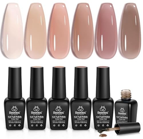 Beetles Jelly Gel Nail Polish Set, 6 Neutral Nude Colours Translucent Brown Sheer Pink Soak Off UV Gel-DIY Nail Art Manicure Gifts for Women Girls