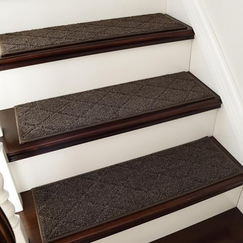 COSY HOMEER 15 Pack Full Edge Wrapping Stair Carpet Treads,70x22 CM Non-Slip Stair Tread Runners for Indoor Wooden Steps Stairs Soft Polyester, Easy Care & Peel Noice Reduction, Brown