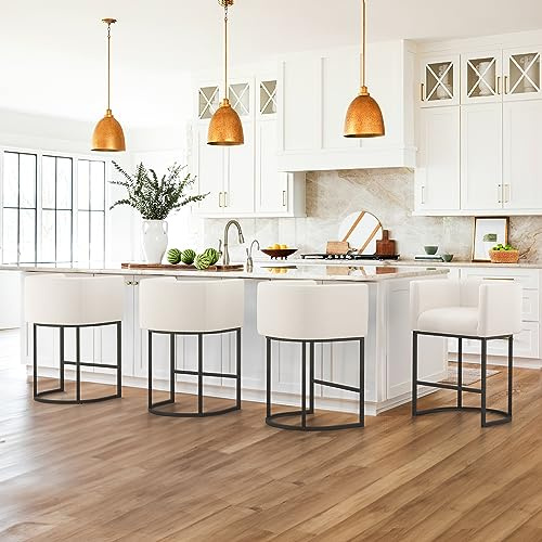 LUE BONA Barhocker 4er Set mit Lehne Armlehnen,69cm Hoch Drehsessel–Barstuhl Metall mit 16 cm Weiß Leinen Sitzfläche,Bar Hocker mit Metallbeinen,Moderner Barstuhl für Küche,Theke,Weiß
