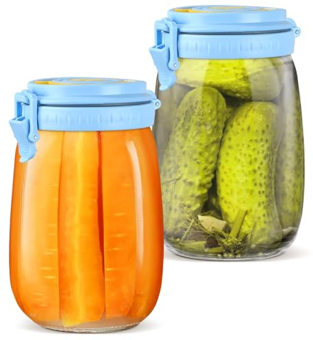 Lot de 2 bocaux de fermentation (1000 ml) avec date marquée, pot de levain, bocaux de conservation en verre transparent avec aération pour faire du képhir, des conserves, du kimchi, de la choucroute