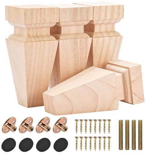 Btowin VCF Lot de 4 pieds de meubles en bois massif sculpté avec plaque de montage et vis pour canapé, armoire, table, support TV - 15 cm