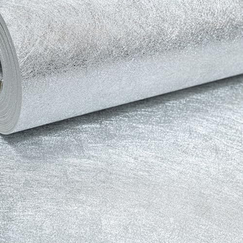 SOPHIE LAURENCE Plain Silver Sienna Texture Metallic Foil Vinyl Wallpaper | Ultra Heavyweight, Peelable & Washable | Ideal for Any Room