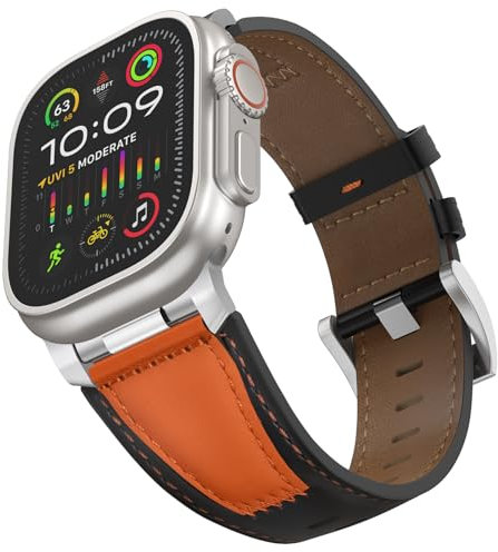 Bouixel Correa de piel auténtica de grano superior compatible con Apple Watch Ultra de 49 mm, 46 mm, 45 mm, 44 mm, 42 mm, correa de metal resistente para mujeres y hombres, iWatch Ultra 2/1 Series 10