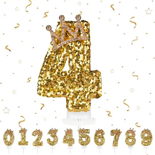 Geburtstagskerzen Krone Zahlen 4, Geburtstag gold Kerzen 4 Zahlen förmige Kerze, 3D Tortendeko, kuchen Dekoration für Geburtstag Party, Hochzeiten, Firmenfeiern, Jubiläen, Birthday Candle Nummer