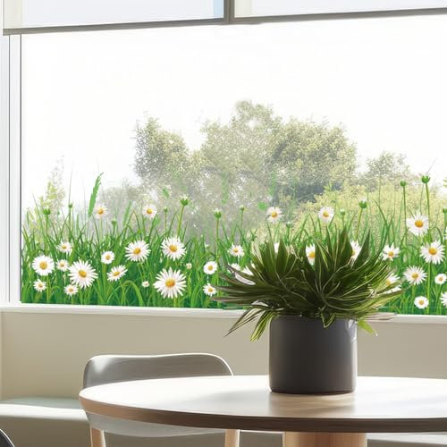 PLIGREAT Gänseblümchen Wiese Fenster Klammern Sommer Fenster Aufkleber Gras und Blumen Fenster Aufkleber Statische abnehmbare Fenster Dekor für Home Office Fenster Dekor
