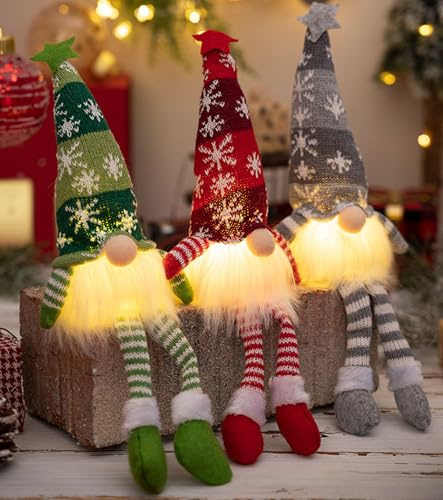 3 stycken tomtar juldekoration med LED-ljus, juldekoration, jultomtar plyschdekorationer, lysande jultomtefigurer, juldekoration med belysning (ränder)
