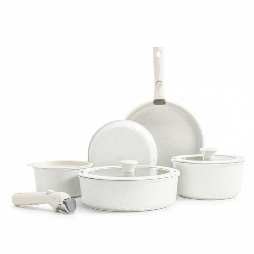 SENSARTE 13 Piece Pots and Pans Set, Nonstick Detachable Handle Cookware, Induction Kitchen Cookware Set with Removable Handle, Healthy Non Stick for RV, Dishwasher & Oven Safe (White)