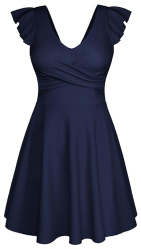 Kate Kasin High Waist Swim Dress Padded Contrasting Colors One Piece Swimsuit Leisure Elegant Swimsuit Navy Blue L