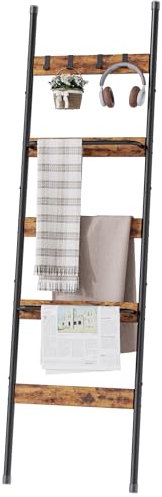 Blanket Ladder, 5-Tier Towel Holder with 2 U-shaped storage rack, Farmhouse Wall Leaning Decorative Rack Shelf, Towel Display Rack, Removable Hooks, Quilt Ladder for Living Room, Bedroom, Rustic Brown