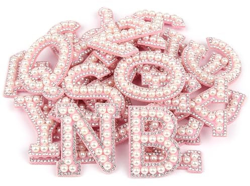 Iron On Letters, 26 Pcs Pearl Rhinestone Letter Patches with Ironed Adhesive, Stick on Pearl Letter Patches, Alphabet Patch A-Z for T-Shirts, Jeans, Jackets, Socks, Bags, DIY Accessories etc