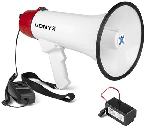 Vonyx MEG045 - Akku Megaphone mit Sirene und Mikrofon, inkl. Akku, Bluetooth, Aufnahmefunktion, 45 Watt Megafon, bis 1000 Meter Reichweite, Megaphon mit Umhänge-Gurt, MP3, USB, SD, Weiß/Rot