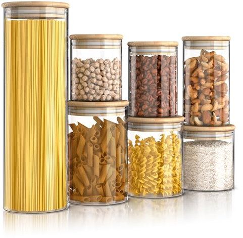 arendo Set de 7 Récipients en Verre Hermétique Rond, Tailles de 8,5 x 10 cm à 10 x 30 cm, 0,56 à 2,35 litres, Verre borosilicate Boîte Conservation Alimentaire, Couvercle en Bambou, Joint en silicone