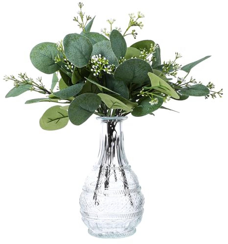 KALIONE 12 Stück künstliche Eukalyptus blätter in Silberdollarform, Stiele und künstliche Zweige mit Weißen Samen, 29cm Lange Dekorative Grünpflanzen für Vasensträuße, Blumenarrangements