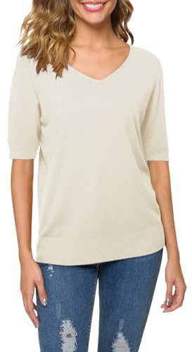 Jersey de verano para mujer, elegante, cuello de pico, ligero y fino, jersey de punto fino para mujer, manga corta, monocolor, jersey de manga corta, jersey de punto fino para mujer, Blanco, M