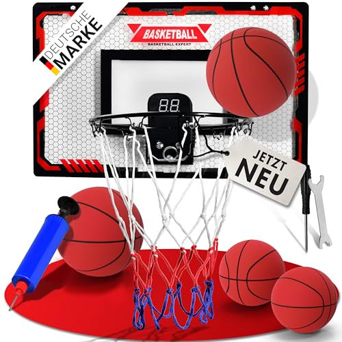 Mini Basketballkorb Indoor [für Tür & Wandmontage] - Kleiner Basketball Korb mit Dunk-Funktion, 4 Bällen, Pumpe & Befestigungszubehör - für Kinder & Erwachsene (Mit Counter)