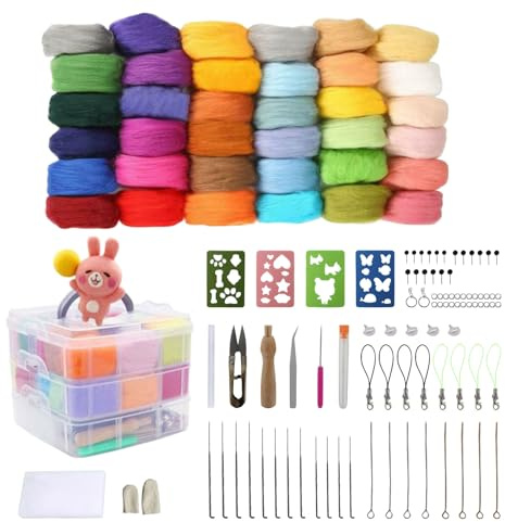 BDHYYM Set di 36 Lana Feltro Gomitoli Colorati Soffice Kit Feltro di Lana Fai da Te con Ago lana Cardata Adatto per Lavoretti Creativi Fai da Te, con Kit di Attrezzi