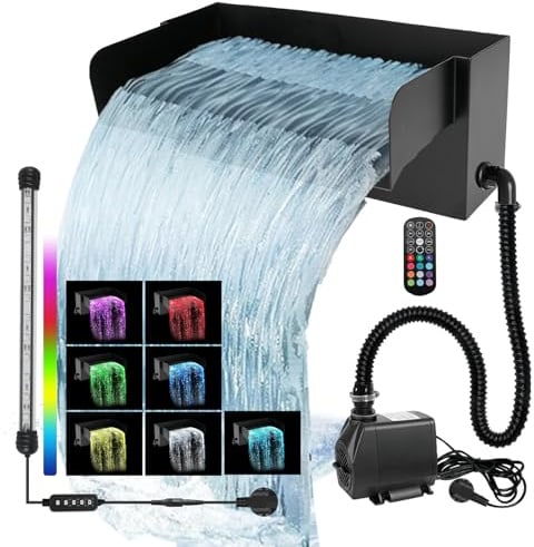 Kit Filtro per Cascata da Stagno con Pompa 45W 3000L/H, 30cm in Acciaio Inox con Luce LED Colorata, Set per Cascata da Giardino Ideale per Piscina, Patii, Decorazione per Giardini a Fiume