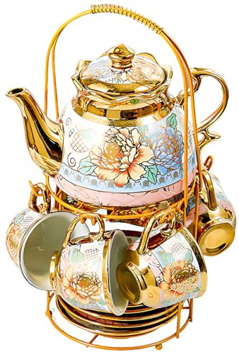Juego de Té de Porcelana de Piezas – Set de Té Vintage Estilo Europeo con Tetera de 550ml,Tazas de 100ml con Platillos y Soporte Metálico – Diseño Floral