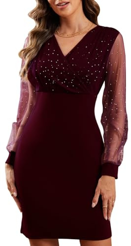 Yutdeng Damen Kleider Elegant V-Ausschnitt Partykleid Mesh Langarm Cocktailkleid Pailletten Kleid Damen Abendkleider Kurze Spitzen Bodycon Slim Wickelkleid Sexy Minikleid Moden Cocktail Party Festlich
