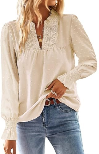 TUUHAW Langarmshirt Damen Boho Bluse Elegant Top Oberteile V-Ausschnitt | Fließend Elegant, T Shirt Süß, Lässig Outfits, Frühling Winter Herbst, Longshirt Spitze Kleidung, Paspel Volant