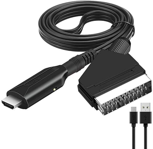 HBFQMDJLX HDMI to SCART Video Converter Cable, Digital to Analog Adapter with PAL-NTSC Switch, 5V DC Power Supply, Compatible with DVD, PS4, TV Box
