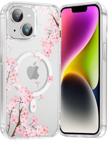 Saqmkil Coque Magnétique pour iPhone 13 Mini 5,4, Compatible avec MagSafe, Transparente Fille Etui avec Aesthetic Motif Fleur Dessin, Souple Silicone TPU Case Antichoc Protection Housse Cover, Rose
