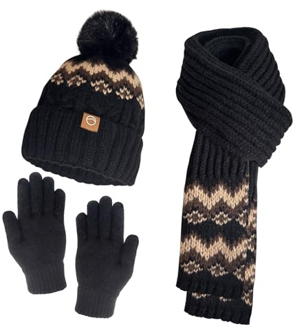 embermomo Weiche Strickmode für Damen mit Fair Isle Muster,mütze, schal & handschuh-sets für damen Winterwärme-Trio-Set
