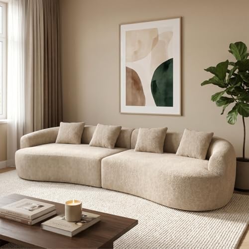 skølm Loki Cloud Couch Teddy-Bouclé, 4-Sitzer, Beige, 4 Kissen, 330 cm | Sofagarnitur, Vollschaumcouch mit Federkern & Vakuum-Kompression, kein Aufbau erforderlich, Sofa für Wohnzimmer, Polstersofa