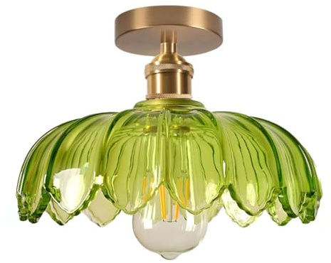 DLGLOLIN Plafonnier Luminaire en Verre Verte Lampe de Plafond Créativité Fleur Décoratio E27 Laiton Éclairage de Plafond Suspension Pour Couloir Chambre Salle à Manger