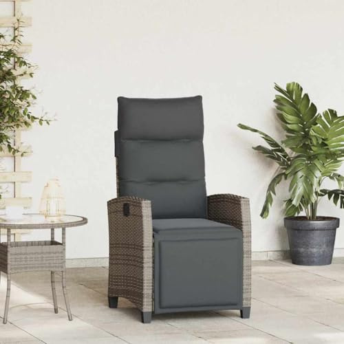 IBUQDDV Verstellbarer Gartensessel mit Beistelltisch in Grau aus Poly Rattan, Klapptisch und Ablagefläche für Getränke, Komfortabler Relaxsessel mit Verstellbarer Rückenlehne