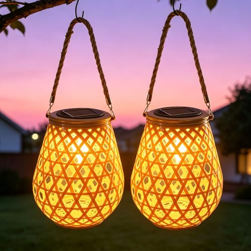2 Stück Solarlampen für Außen Hängend, Bambus-Look Solar Laternen für Draußen mit LED-Glühbirne, IP65 Wasserdicht Garten Solarleuchten für Außen, Solar Lampe Outdoor für Patio Terrasse Balkon Deko