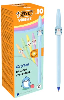 BIC Vibbies Cristal Bolígrafos de Punta Media (1,00 mm) con 10 Animalitos Kawaii en Cuerpos de Color Mineral y Pastel - Tinta Azul, Pack de 10