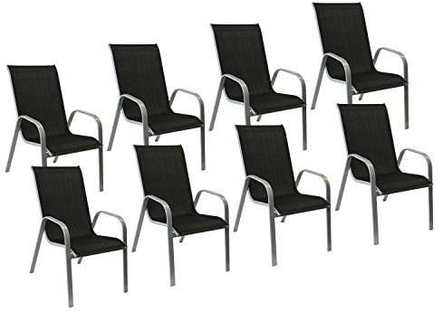 Happy Garden 8er Set Stühle Marbella aus schwarzem Textilene - grauem Aluminium