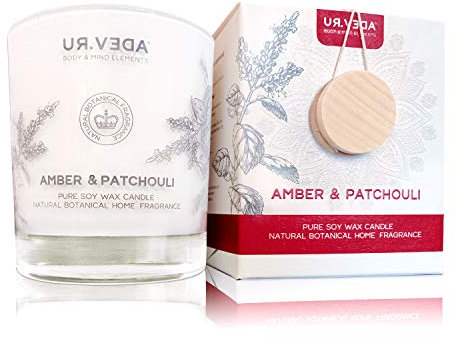 Duftkerze Amber/Patchouli Duft. Beruhigende Sojawachskerze mit 55h Brenndauer