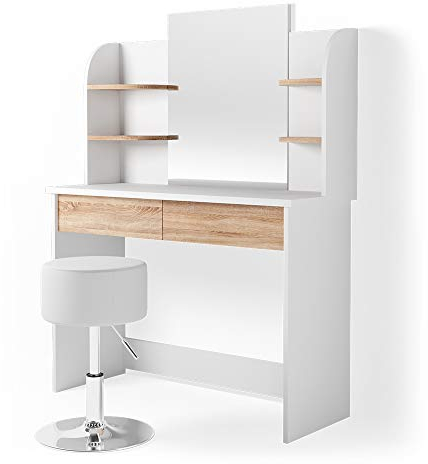 Vicco Schminktisch Charlotte, Kosmetiktisch mit Spiegel, Weiß/Sonoma/Sonoma, 108 cm mit Hocker