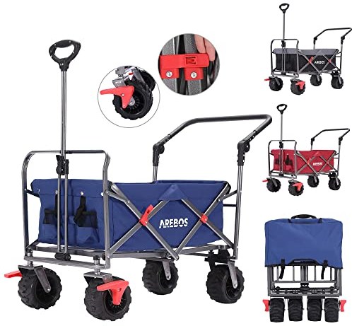 Arebos Bollerwagen faltbar | Transportkarre | Gerätewagen | Handwagen | Faltwagen | inkl. 2 Netztaschen | mit Vorderrad-Bremsen & Teleskopstange | klappbar | bis 100 kg Tragkraft | Blau