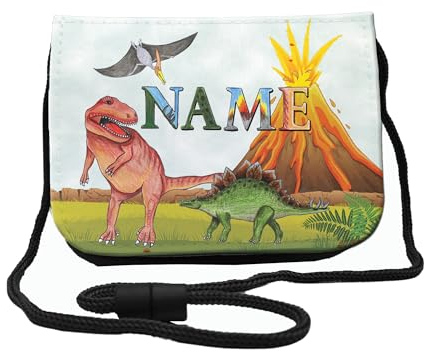 Kinder Brustbeutel mit Name und Schriftartwahl | Klettverschluss mit Schnur zum Umängen und Klarsichtfach | Geldbeutel personalisiert | 3 Farben (Dino)