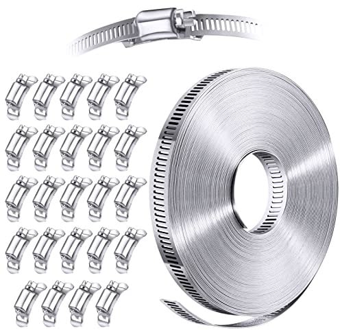 Steelsoft 304 Stainless Steel Hose Clamp Assortment Kit DIY, Cut-To-Fit 50 FT Metal Strap+24 Stronger Fasteners, Large Adjustable Worm Gear Hose Clamps Screw Clamps Duct Pipe Metal Clamp Strapping