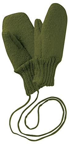 Disana WALK-HANDSCHUHE Baby & Kinder - 100% Bio-Merino, Wollwalk – wetterfest & super warm - unisex in 3 Größen - nachhaltig & fair – mit Strickkordel verbunden - made in Germany | Oliv Gr. 1