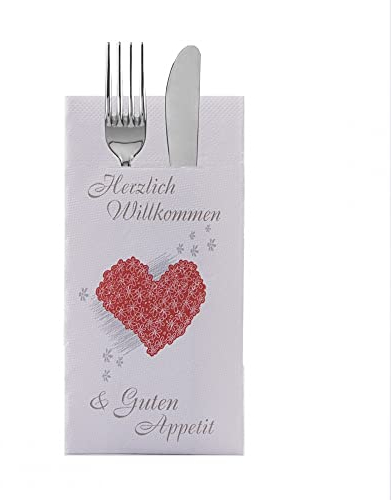 SOVIE HORECA Besteckserviette Herzlich Willkommen aus Tissue Deluxe®, 4-lagig | Hochwertige Einweg-Servietten | Ideal für Gastronomie und Private Feiern | 40 x 40 cm | 75 Stück