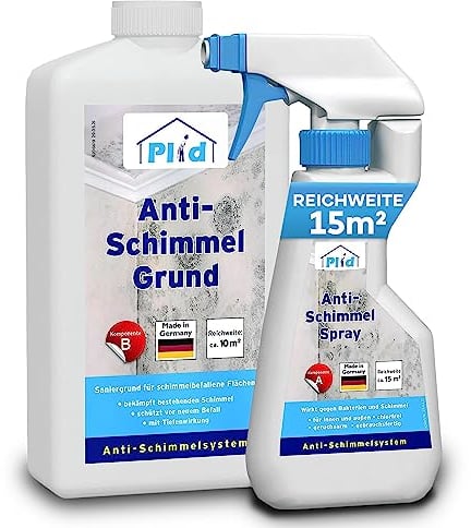 PLID® Schimmelentferner Wand Innen & Aussen Aktiv-Chlor - Anti Schimmel-Spray - Textil Schimmelentferner Polster Auto Stoff - Mould Cleaner Fenster - Schimmelentferner Bad Fliesenfugen (1,5l - Set)