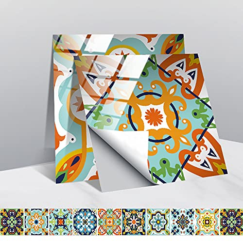 30 Stück Fliesenaufkleber, Hiser Retro Böhmen Monaco Stil Wasserdicht Ölfest Stickerfliesen Mosaik Marmor Deko Selbstklebende Fliesenfolie für Badezimmer Wohnzimmer Küche (Spanischer Stil,10x10cm)