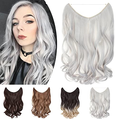 SEGO 50cm Secret Hair Extensions 1 Tresse Haarverlängerung Haare Haarteil mit Unsichtbarer Draht Invisible gewellt Silber-Grau